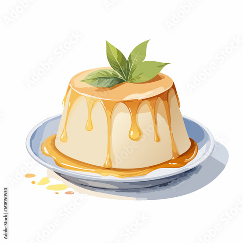 Elegant cr?me caramel pudding with dripping golden sauce and a fresh mint leaf garnish.