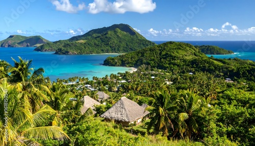 Tropical island paradise with lush greenery and turquoise water