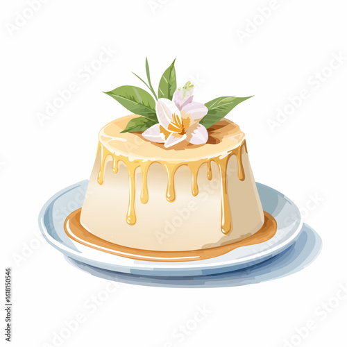 Elegant panna cotta with dripping caramel sauce, garnished with a delicate white flower and leaves.