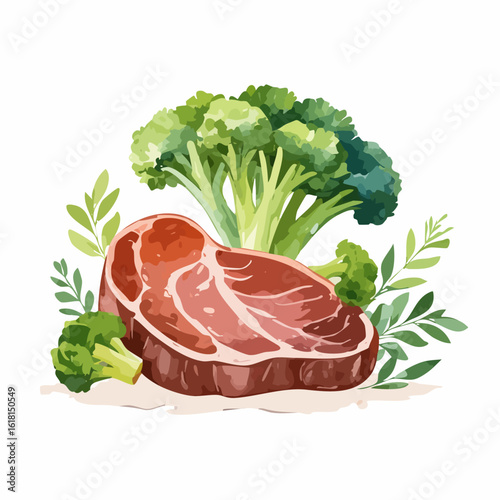 Watercolor illustration of a raw marbled beef steak with fresh green broccoli and leafy sprigs.