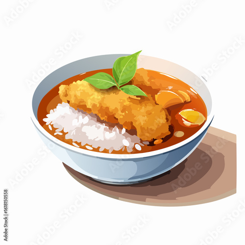 A delicious bowl of Japanese Katsu Curry with a crispy fried cutlet, fluffy white rice, rich sauce, and a fresh basil leaf garnish.
