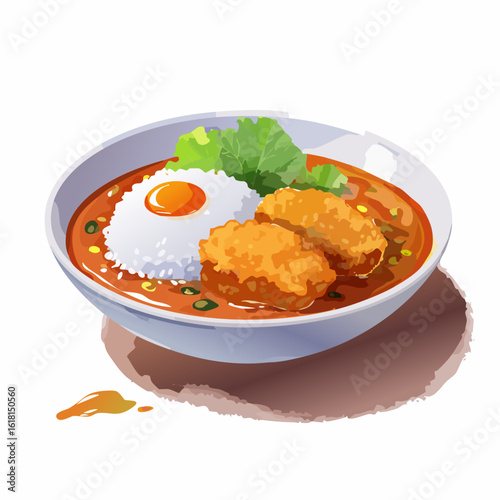 Illustrated bowl of Japanese katsu curry with steamed rice, fried egg, and lettuce.