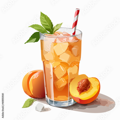 Refreshing peach iced tea in a tall glass with ice cubes, a striped straw, and a fresh mint garnish.