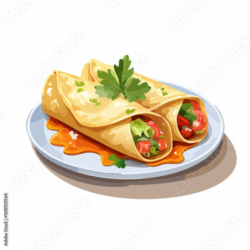 Two delicious burritos with fresh vegetable filling, sauce, and parsley garnish on a plate.