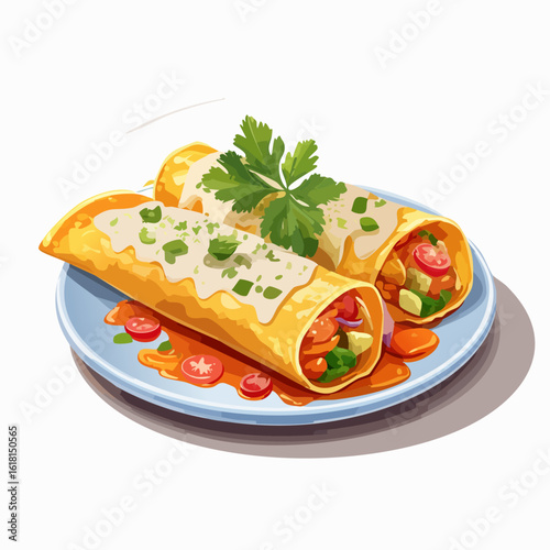 Two vibrant enchiladas with vegetable filling, smothered in sauce and cream, garnished with fresh parsley.