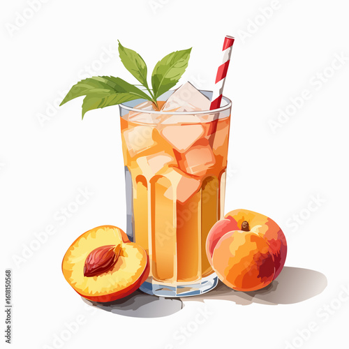 Refreshing iced peach tea in a tall glass with ice, mint garnish, a striped straw, and fresh ripe peaches.
