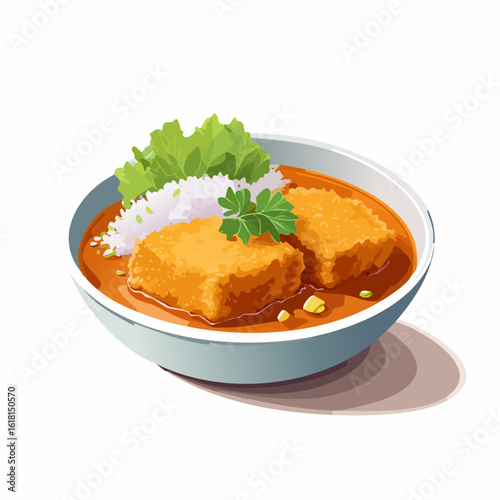 A delicious bowl of Japanese katsu curry with crispy fried cutlets, rice, and fresh parsley.