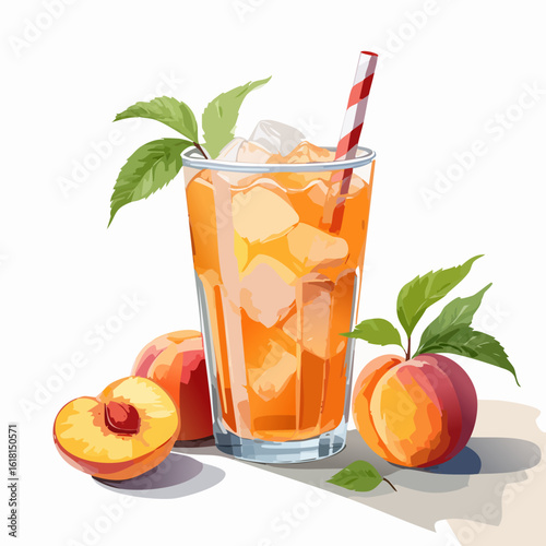 Vibrant illustration of a tall glass of iced peach tea with a striped straw, fresh peaches, and green mint leaves.