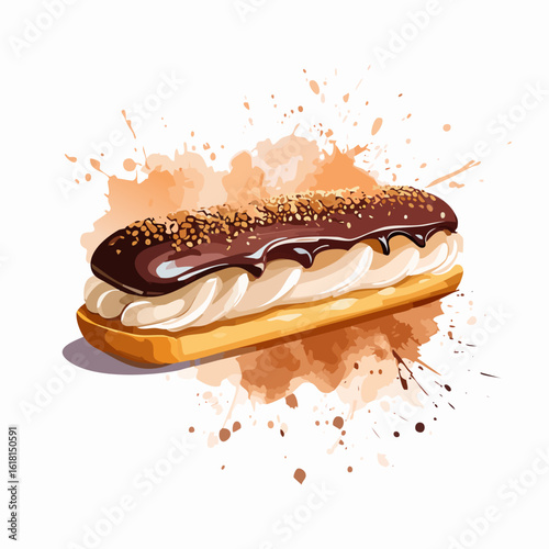 Artistic watercolor style chocolate eclair with glossy glaze, cream, and nut sprinkles.