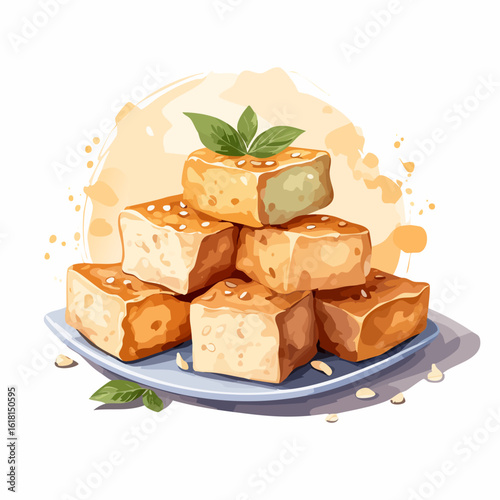 Appetizing stack of golden tofu cubes garnished with fresh basil and sesame seeds on a blue plate.