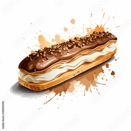 Gourmet chocolate eclair with a glossy glaze, creamy piped filling, and a crunchy chopped nut topping.