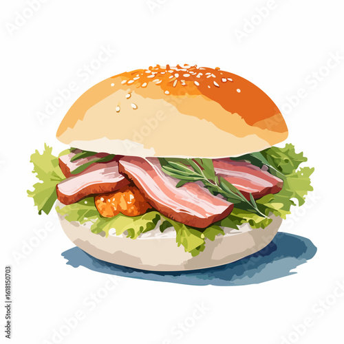 Gourmet bacon sandwich with fresh lettuce, rosemary, and sauce on a toasted sesame seed bun.