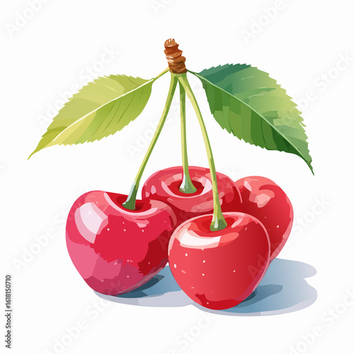 Vibrant watercolor illustration of four ripe red cherries with glossy skin, green leaves, and stems.