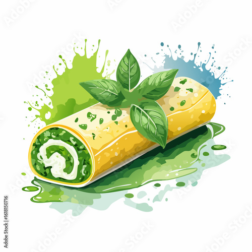 Savory spinach and cheese crepe roll, garnished with fresh basil, in a vibrant watercolor style.