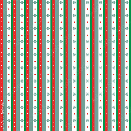 A festive seamless pattern of alternating red, green, and grey stripes with white dots and snowflakes.