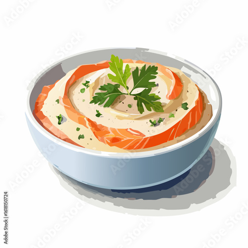 Creamy salmon chowder with smoked salmon swirls and a fresh parsley garnish, served in a light blue bowl.
