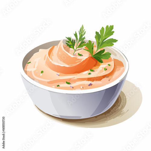 Creamy pinkish-orange dip swirled in a white bowl, garnished with fresh parsley and herbs.