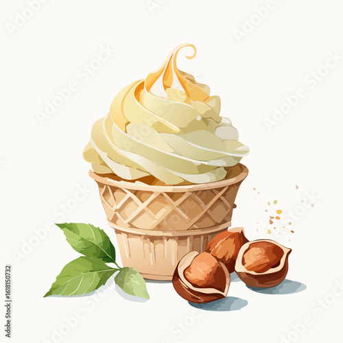Creamy hazelnut soft serve ice cream in a waffle cup with fresh nuts and mint.