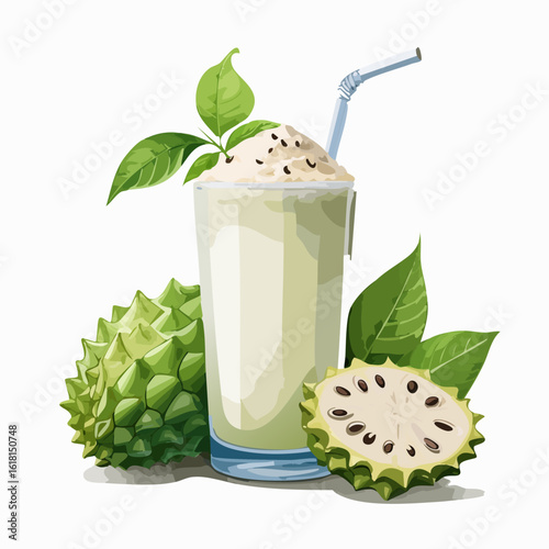 Refreshing soursop smoothie in a tall glass, garnished with leaves and seeds, next to whole and halved guanabana fruit.