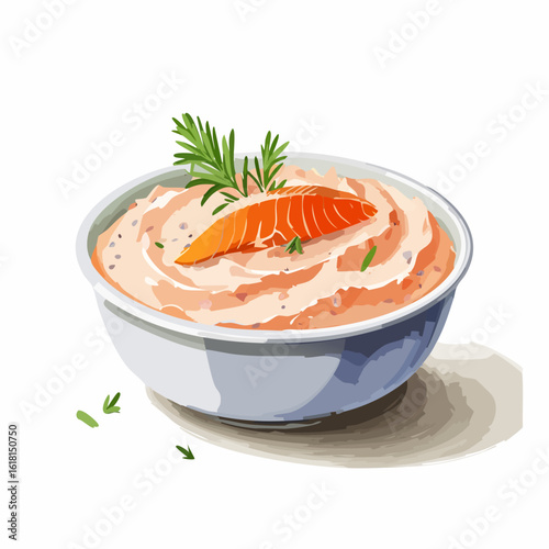 Creamy salmon p?t? in a white bowl, garnished with a salmon slice and fresh dill.