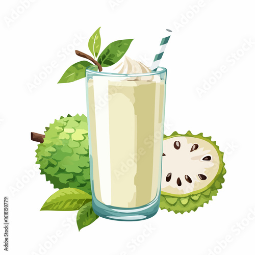 A tall glass of creamy soursop smoothie with fresh fruit, leaves, and a striped straw.