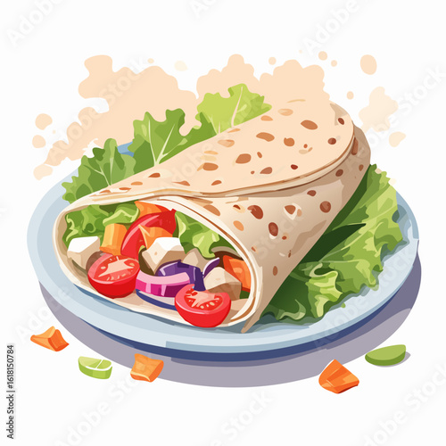 Freshly made tortilla wrap filled with colorful vegetables, chicken, and crisp lettuce on a plate.