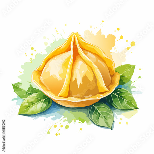 Golden yellow pleated dumpling with fresh basil garnish, rendered in a vibrant watercolor style.