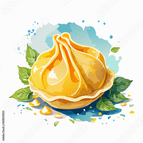 A shiny golden yellow pleated dumpling, garnished with fresh green leaves, in a vibrant watercolor illustration style.