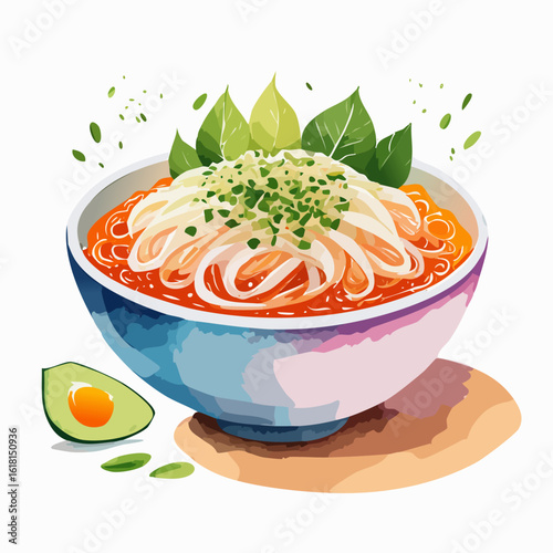 Vibrant watercolor illustration of a bowl of Asian noodle soup with fresh herbs and avocado.