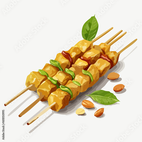 Delicious Grilled Tofu Skewers with Bell Peppers, Sauce, and Fresh Basil Garnish
