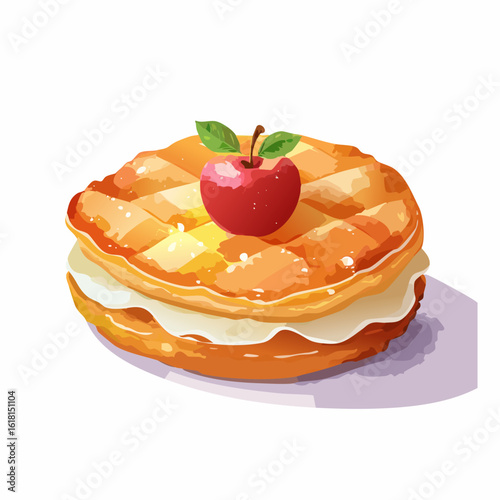 Golden apple pie tartlet with a lattice crust, creamy filling, and a shiny red apple garnish.