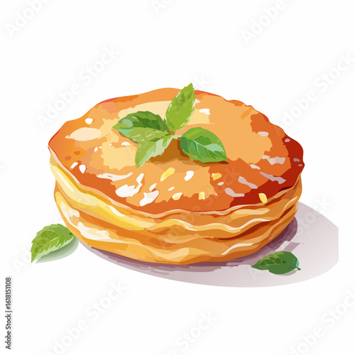 Artistic illustration of a stack of golden pancakes with a shiny glaze and mint leaves.