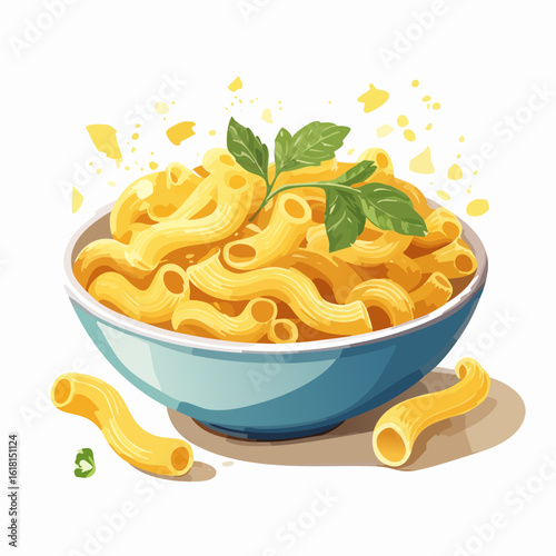 A delicious bowl of cavatappi pasta with a creamy cheese sauce, garnished with fresh basil leaves.