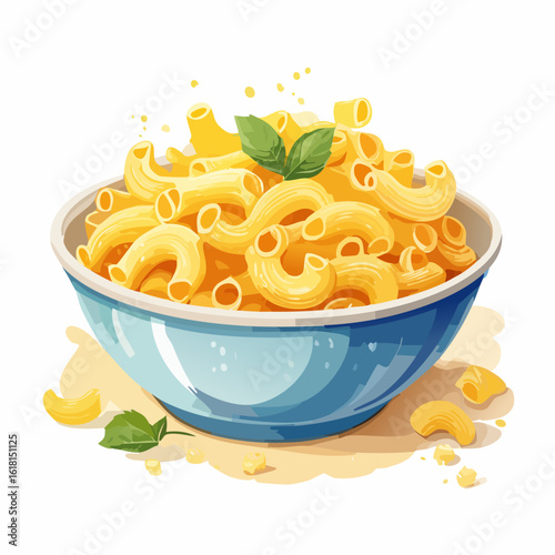 Delicious bowl of golden macaroni pasta with fresh basil leaves, illustrated style.