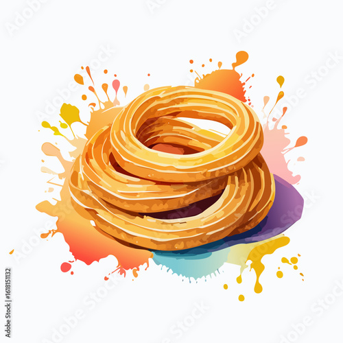 Artistic watercolor illustration of stacked golden churro rings with a ridged texture and vibrant color splashes.