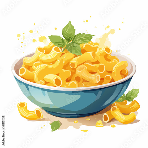 Vibrant watercolor illustration of macaroni and cheese in a blue bowl, topped with fresh basil leaves.