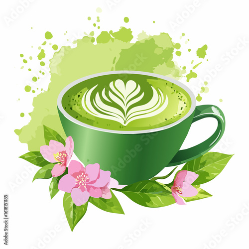 Vibrant matcha latte in a green cup with rosetta foam art, garnished with pink flowers.