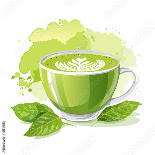 A glossy green cup of matcha latte with delicate white foam art and fresh tea leaves.