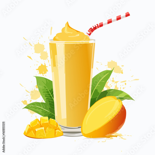 Illustrated mango smoothie with a creamy swirl, fresh fruit, green leaves, and a striped straw.