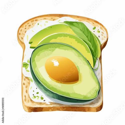 Vibrant illustration of avocado toast with creamy spread, sliced fruit, and fresh herbs.