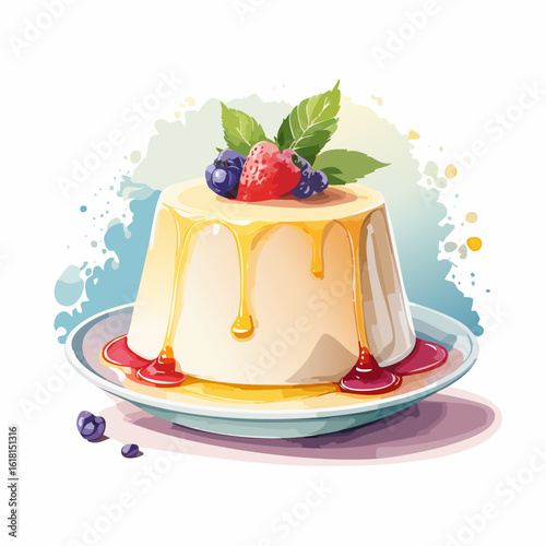 Watercolor illustration of a creamy panna cotta with dripping honey, fresh strawberries, blueberries, and mint.