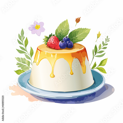 Watercolor illustration of a creamy panna cotta with dripping caramel, strawberry, and blueberries.