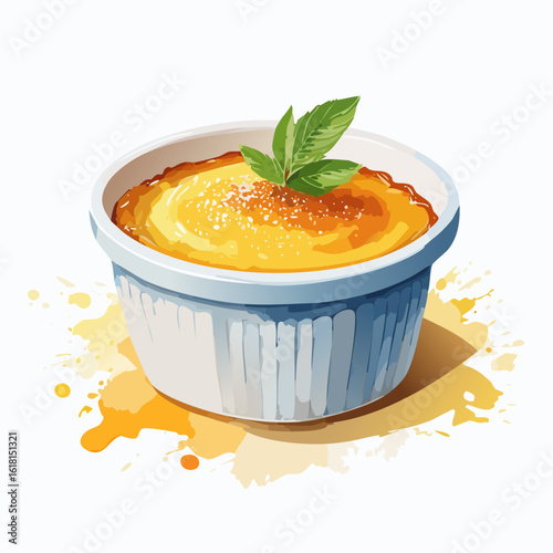 Golden cr?me br?l?e with a caramelized sugar crust and fresh mint garnish in a white ceramic ramekin.