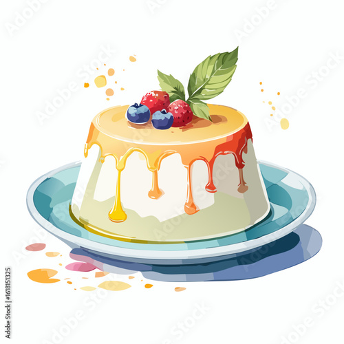 Creamy panna cotta with dripping caramel sauce, fresh berries, and a mint leaf garnish.