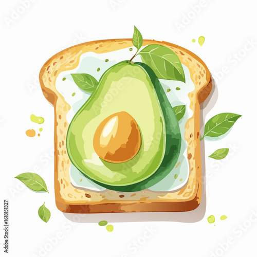 Vibrant watercolor illustration of fresh avocado toast with a halved avocado, cream cheese, and green leaves.