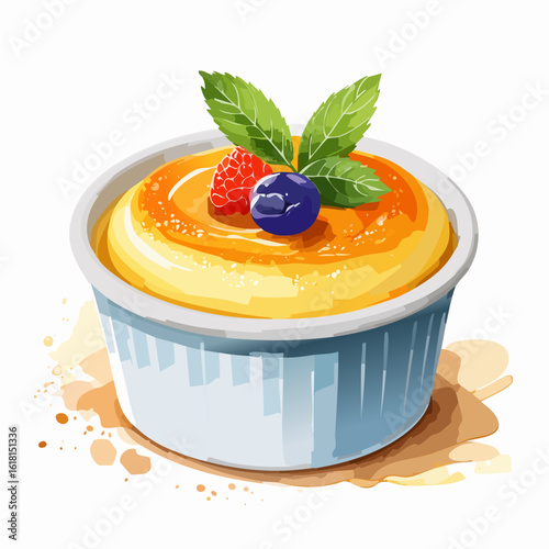 Watercolor illustration of a cr?me br?l?e dessert with fresh raspberry, blueberry, and mint garnish.