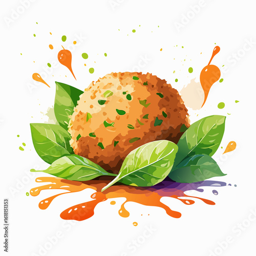 A golden-fried arancini rice ball, garnished with fresh basil leaves and a vibrant sauce splash.