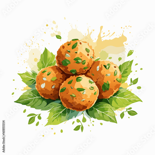 Four golden-brown fried balls garnished with fresh green herbs, piled on a bed of leaves.