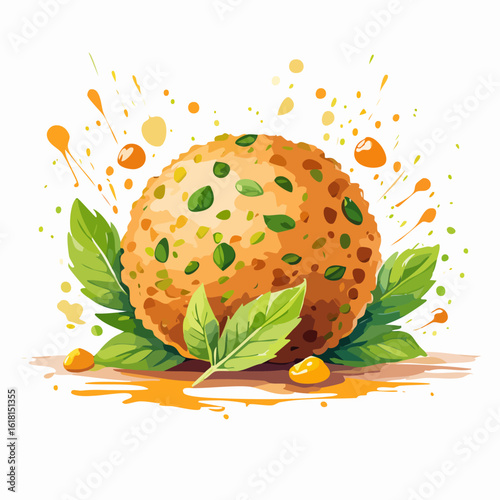Golden fried arancini rice ball with fresh basil leaves and vibrant sauce splashes.
