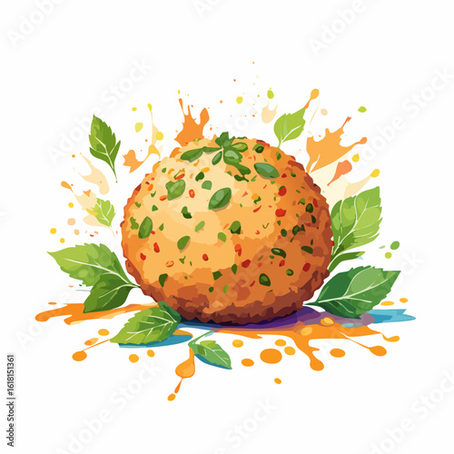 Golden fried arancini rice ball with fresh basil and herb garnish in a vibrant watercolor style.